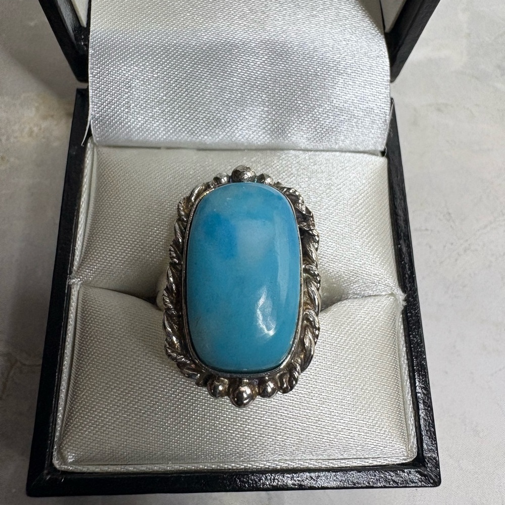 Ring 925 Sterling Silver Turquoise Detailed Frame Statement Beautiful Blue!
